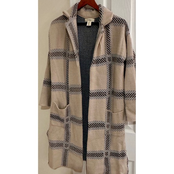 Jessica Simpson Plaid Cardigan Duster Sweater Coat Beige Blue Black S - Picture 1 of 4